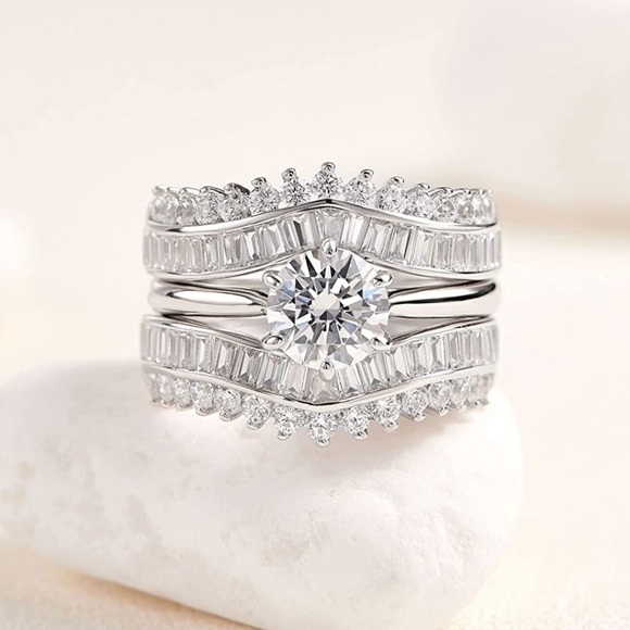 3.5ct Round Cut Diamond Engagement Ring Wedding Band 2 PC Set Enhancer S925 - Picture 1 of 4